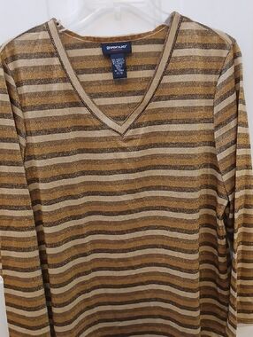 Avenue Woman's V-Neck Striped Gold and Brown Sweater